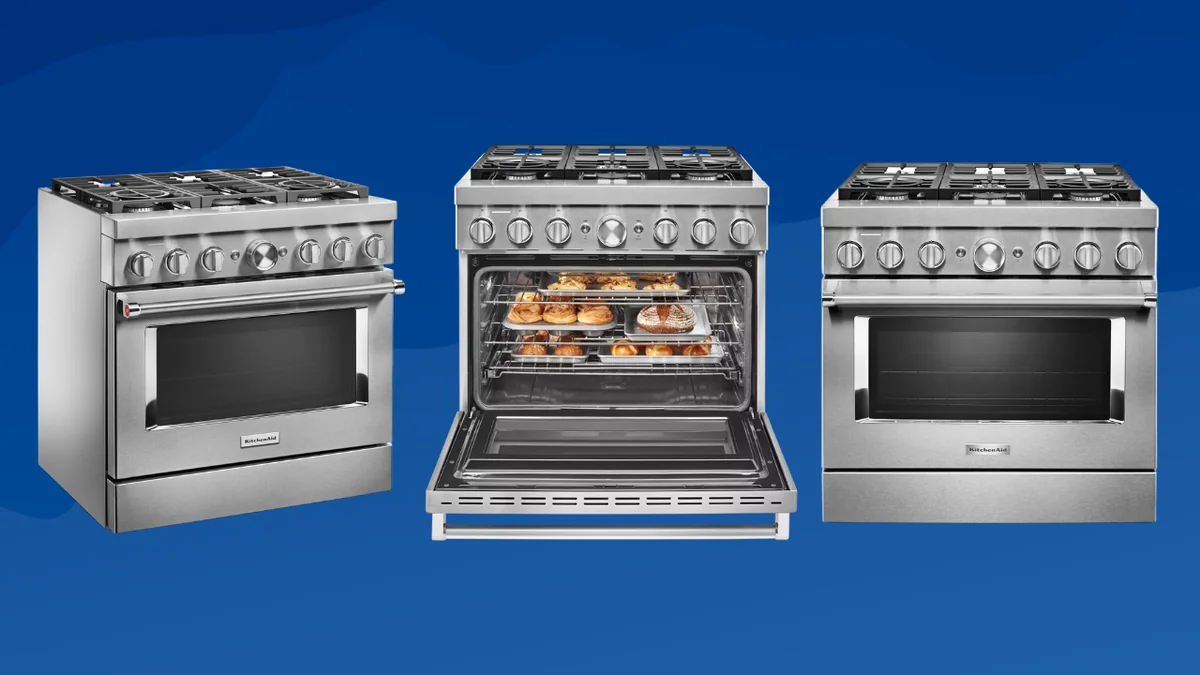 KitchenAid KFDC506JSS 36-inch dual fuel range in stainless steel showing closed and open oven configurations