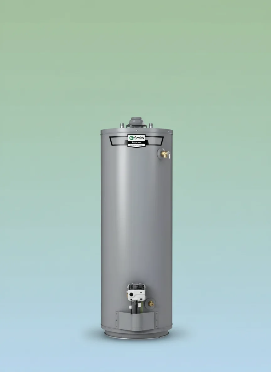 AO Smith ProLine GUR-50 50-gallon ultra low NOx gas water heater with environmental gradient background