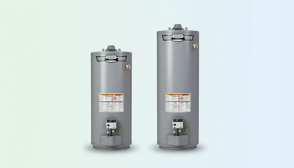 AO Smith ProLine GUC-40 and GUR-50 water heaters side-by-side comparison showing 40-gallon and 50-gallon models with Ultra-Low NOx technology
