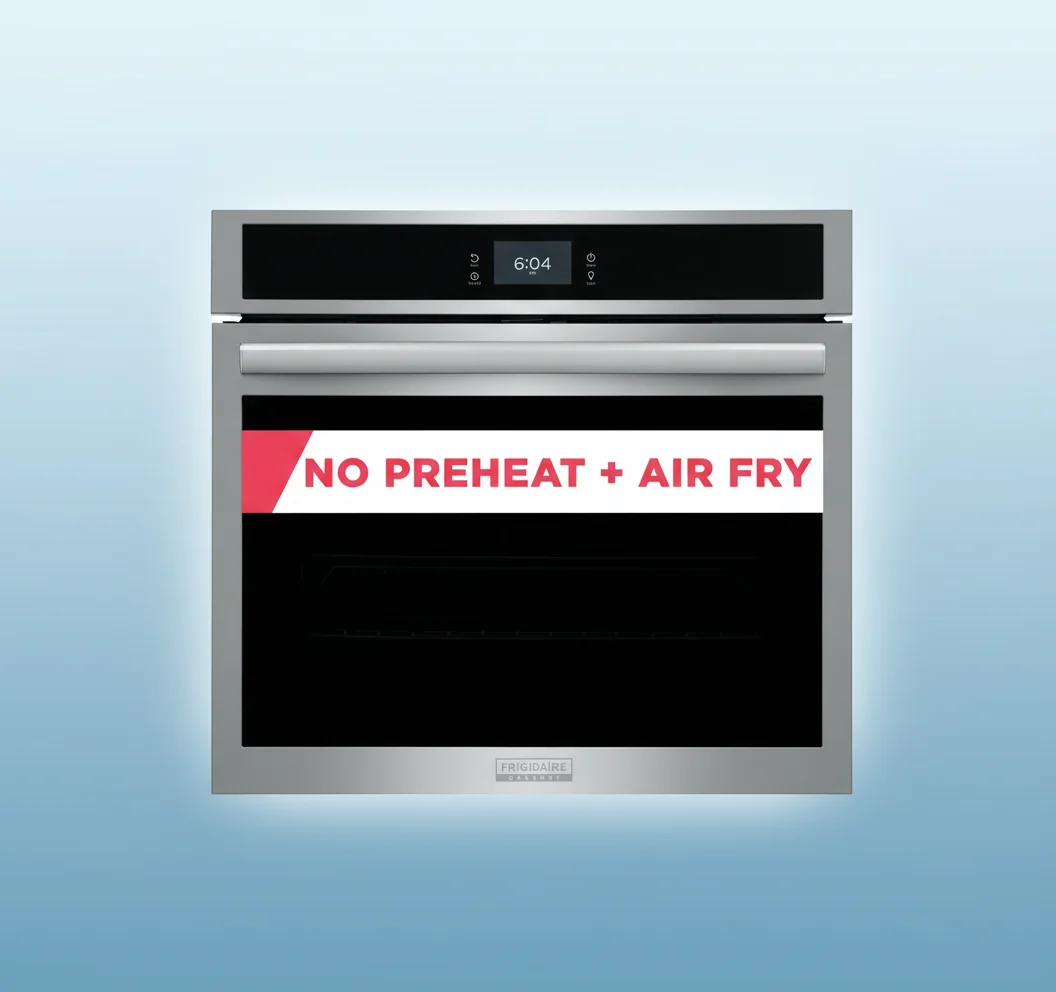 Frigidaire GCWS3067AF wall oven highlighting air fry and no preheat features with promotional banner