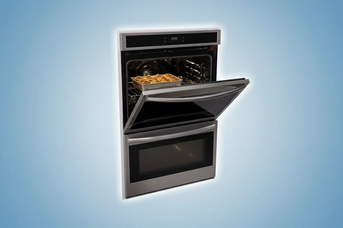 Frigidaire GCWS3067AF wall oven in kitchen setting with baked goods showing real-world baking performance