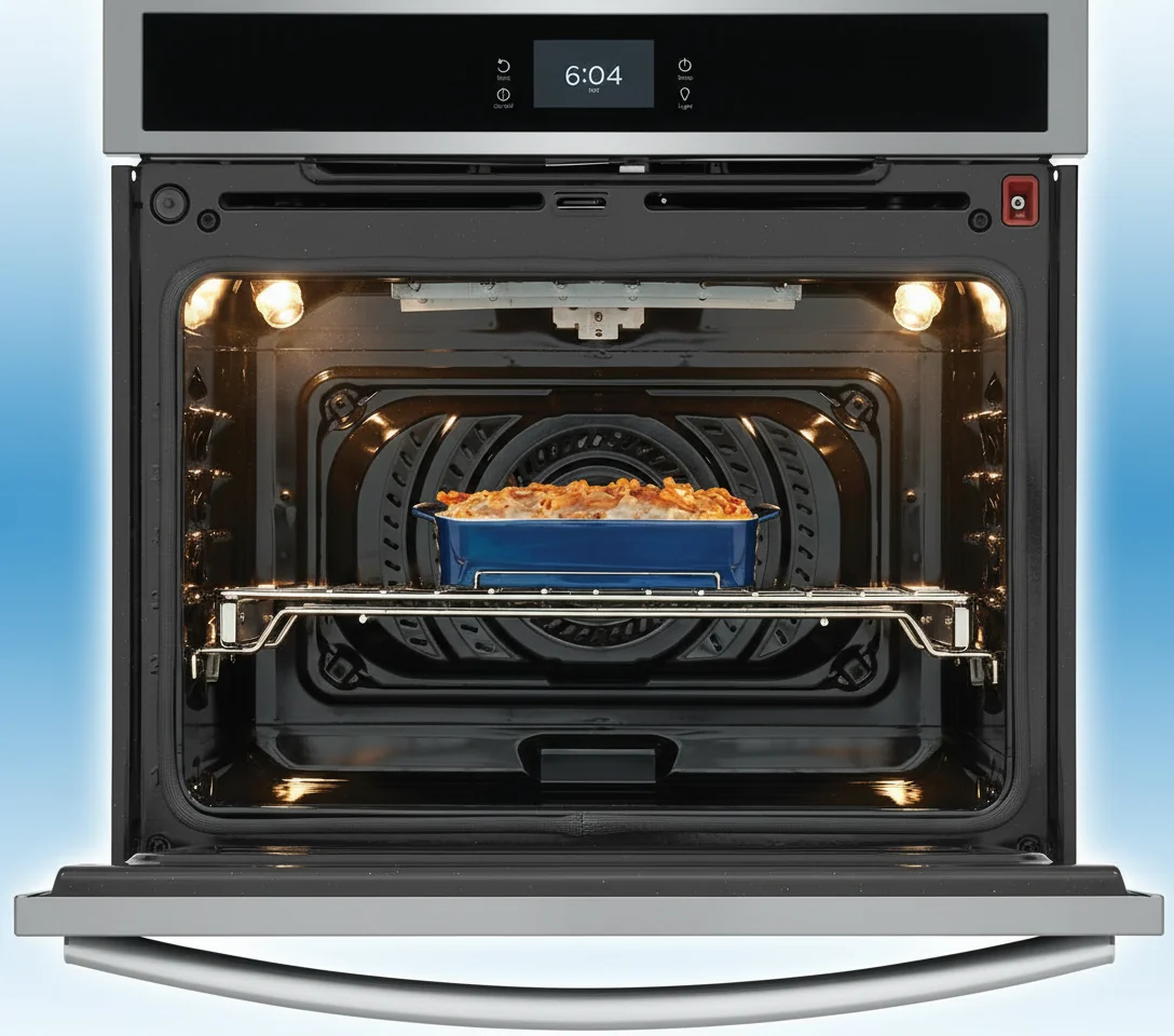 Frigidaire GCWS3067AF oven interior showing pasta casserole with steam cooking capability demonstration