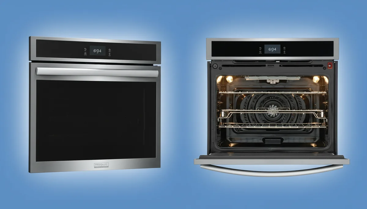 Frigidaire GCWS3067AF 30-inch wall oven showing stainless steel exterior and spacious interior with convection fan