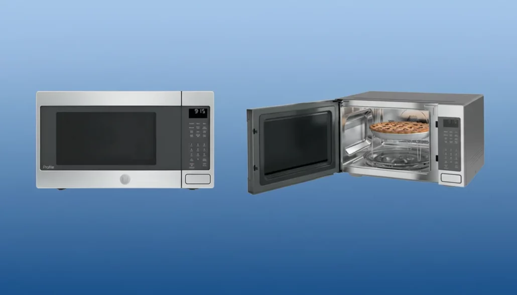 GE Profile PEB9159SJSS 1.5 cu ft stainless steel countertop convection microwave showing exterior design and interior convection rack
