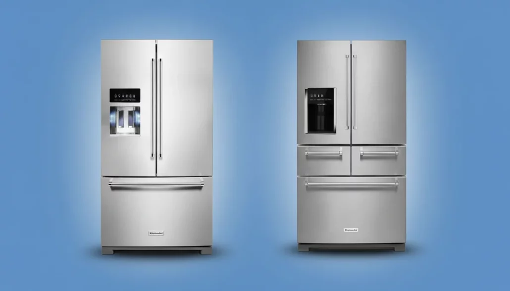 Comparison of KitchenAid KRMF706ESS and KRFF577KPS refrigerators showing best overall versus best value models
