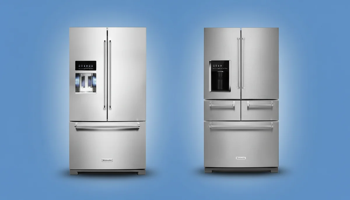Comparison of KitchenAid KRMF706ESS and KRFF577KPS refrigerators showing best overall versus best value models