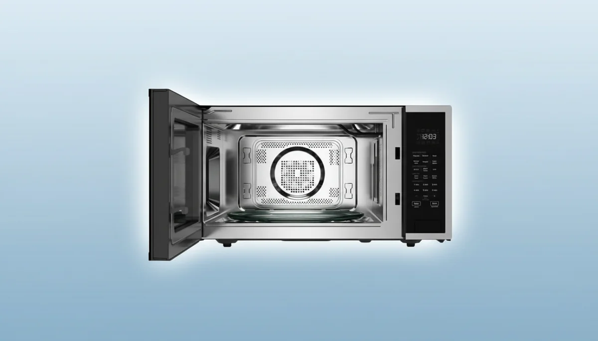 Large capacity microwave demonstration showing spacious interior with multiple dishes