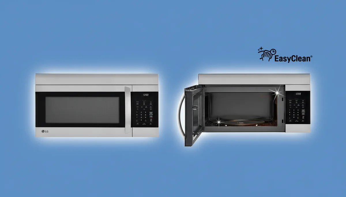 LG LMV1764ST 1.7 cu ft stainless steel over-the-range microwave showing closed exterior and open door interior capacity
