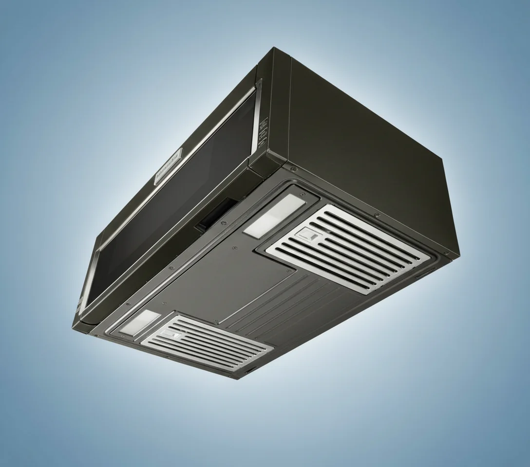 Microwave ventilation system showing exhaust fan and filter components