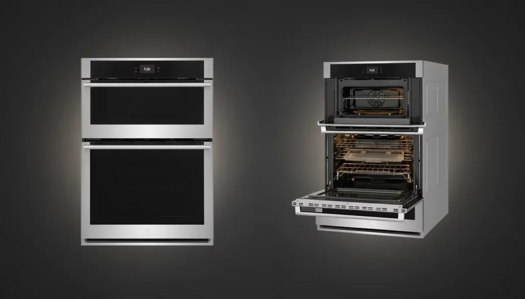 Electrolux ECWM3011AS 30-inch wall oven microwave combo showing closed stainless steel exterior and open dual interiors with copper racks