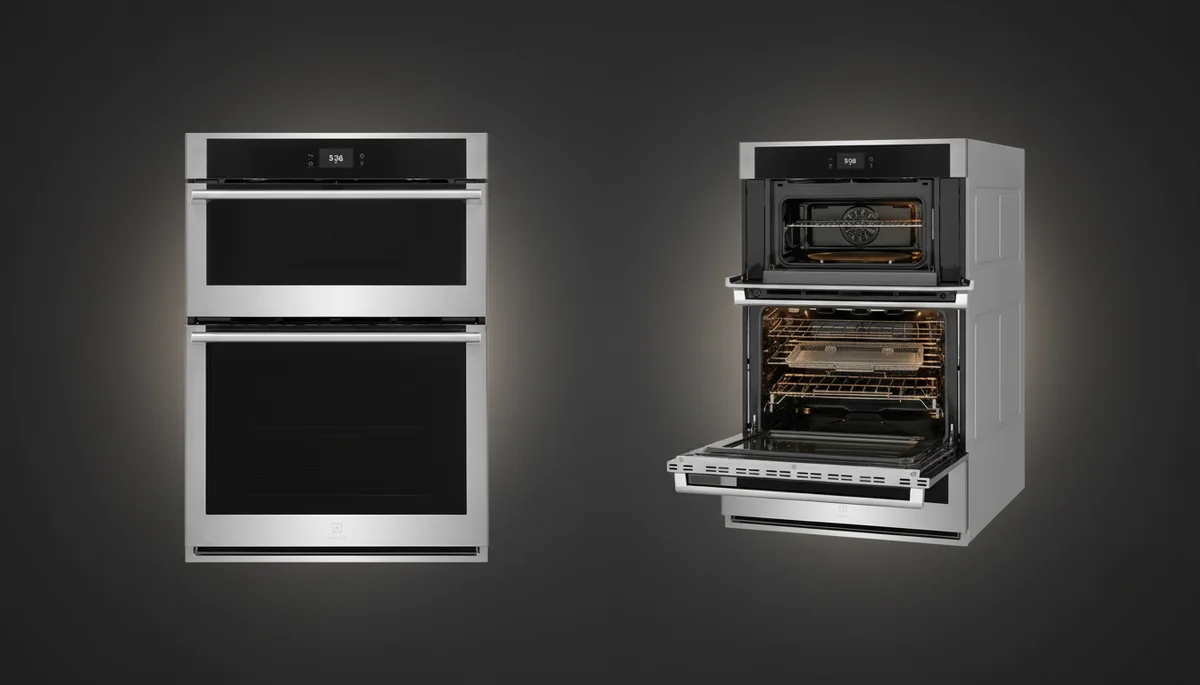 Electrolux ECWM3011AS 30-inch wall oven microwave combo showing closed stainless steel exterior and open dual interiors with copper racks