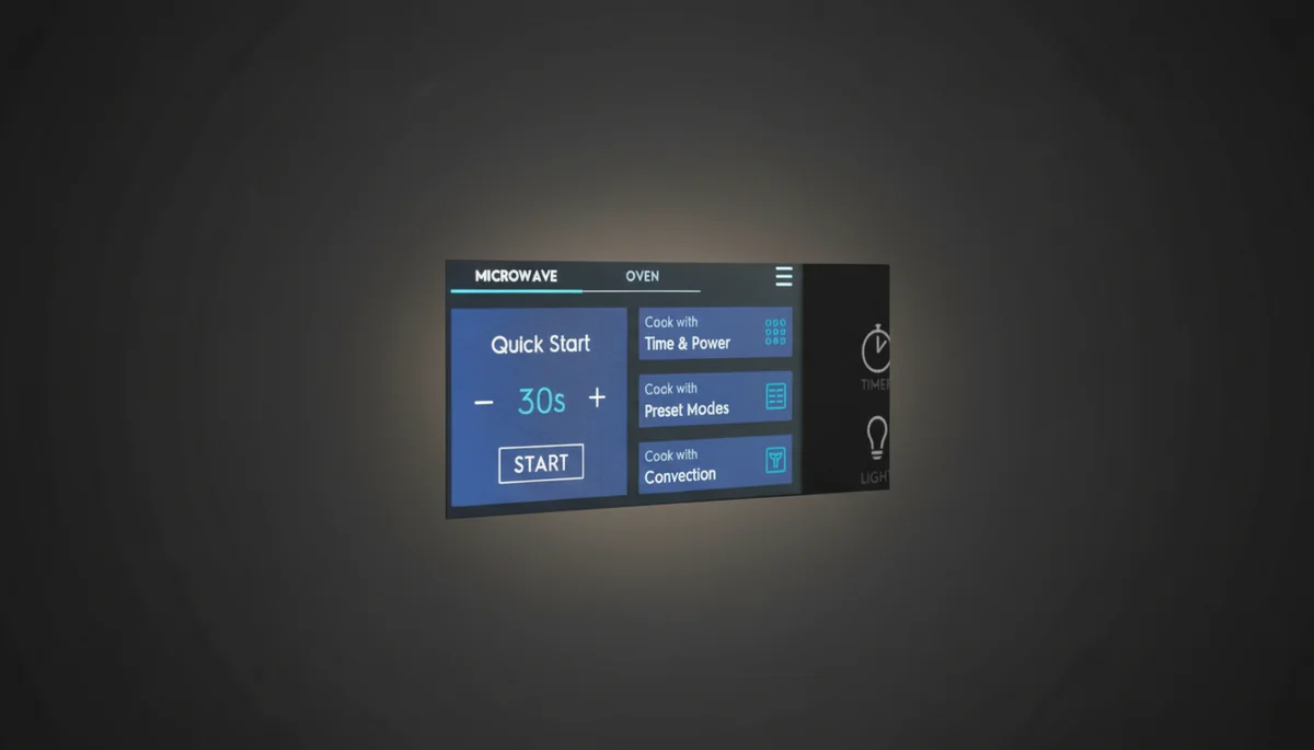 Electrolux ECWM3011AS microwave touchscreen showing Quick Start 30-second button and multi-mode cooking options