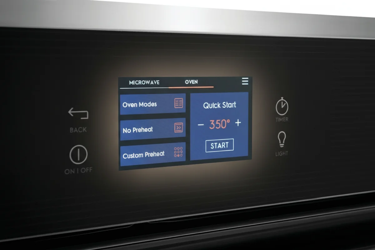 Electrolux ECWM3011AS oven touchscreen displaying No Preheat technology with instant 350-degree quick start mode