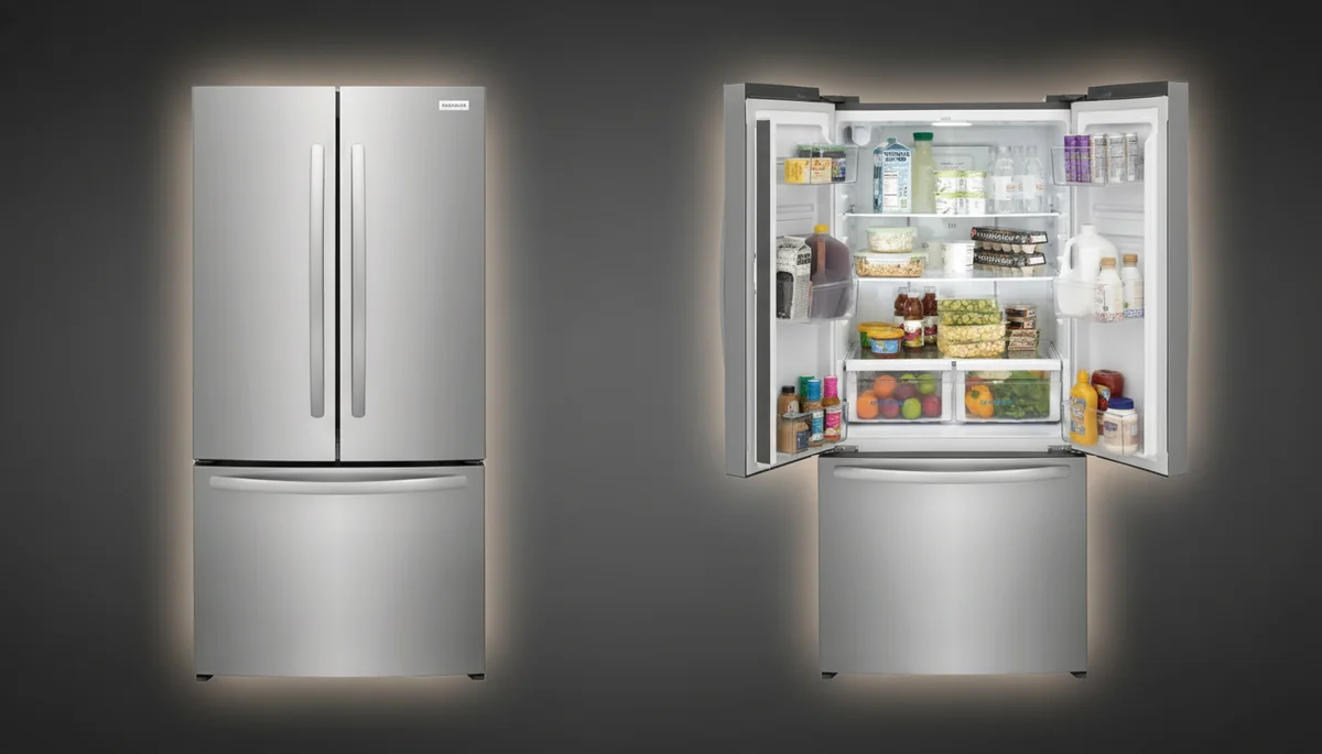 Frigidaire FRFG1723AV 32-inch counter-depth French door refrigerator showing brushed steel exterior and spacious 17.6 cu ft interior