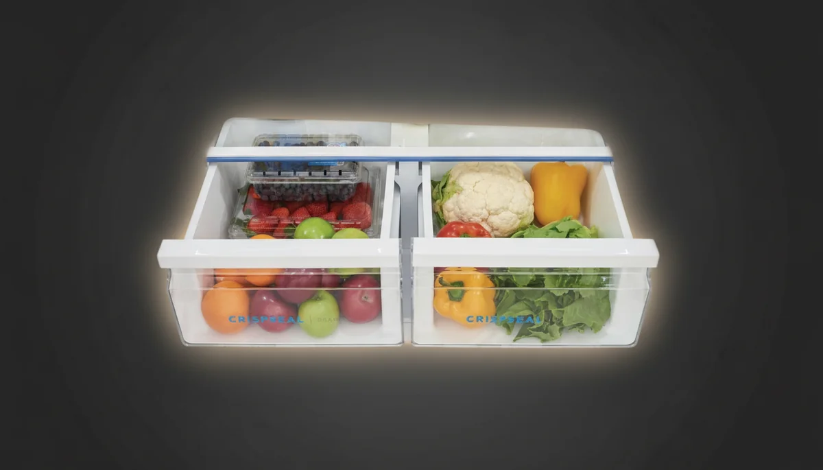 Frigidaire FRFG1723AV CrispSeal humidity-controlled crisper drawers with fresh produce demonstrating 10-day freshness technology