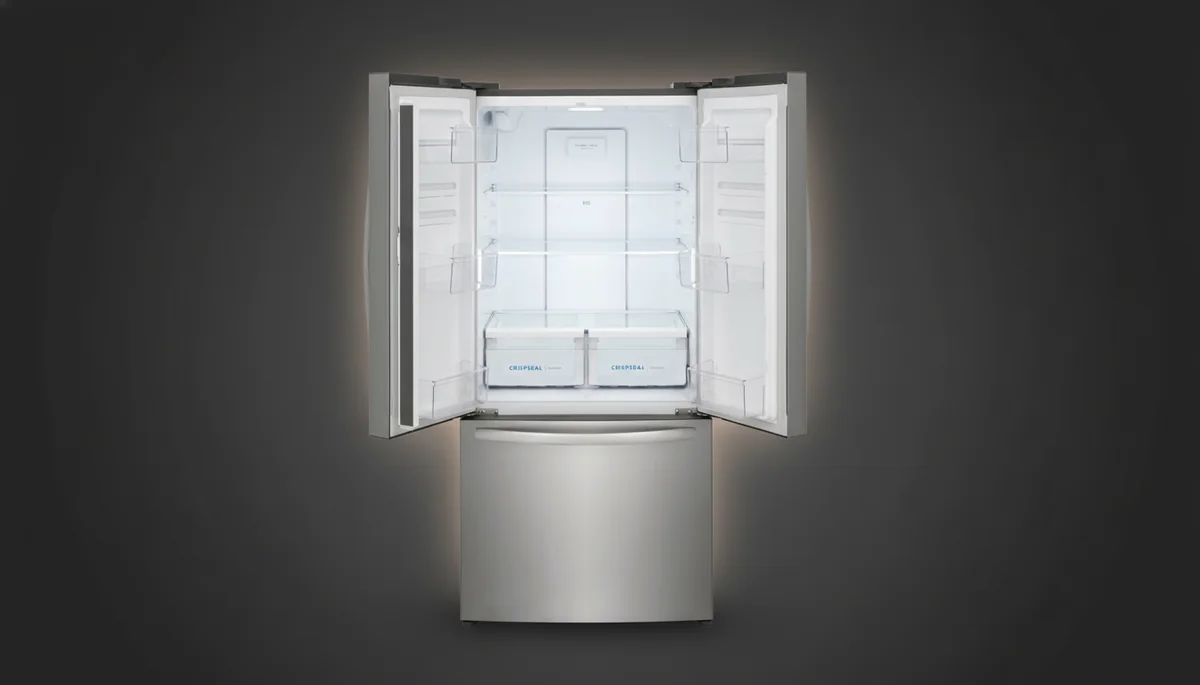 Frigidaire FRFG1723AV interior layout showing EvenTemp cooling system, adjustable glass shelves, and CrispSeal drawer organization for 17.6 cu ft capacity