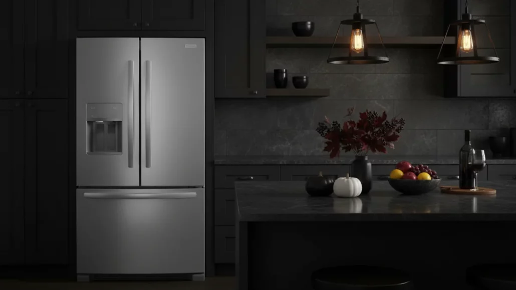 Frigidaire FRFG1723AV counter-depth refrigerator in modern dark kitchen showing sleek integration with black cabinetry and contemporary design