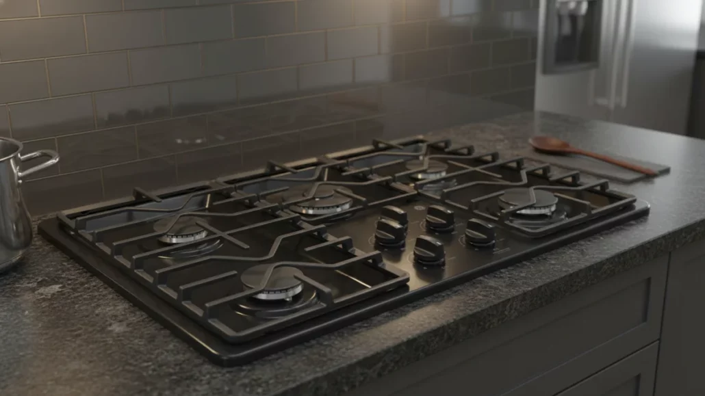 GE JGP3036DLBB black gas cooktop installed in modern kitchen countertop showing real-world installation and scale