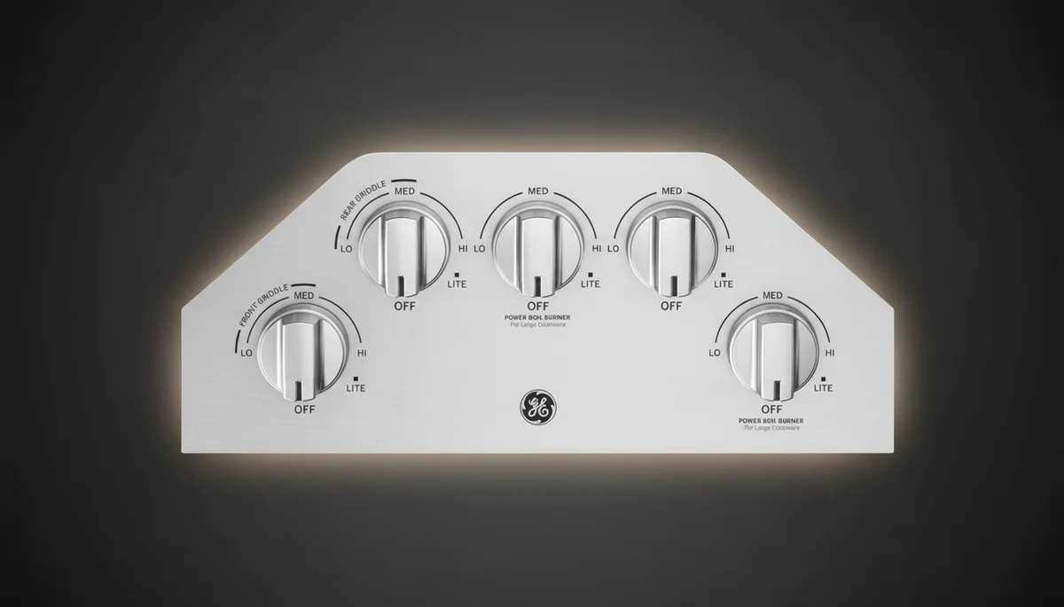 GE JGP5036SLSS control panel showing five control knobs with dual power boil burner labeling and settings