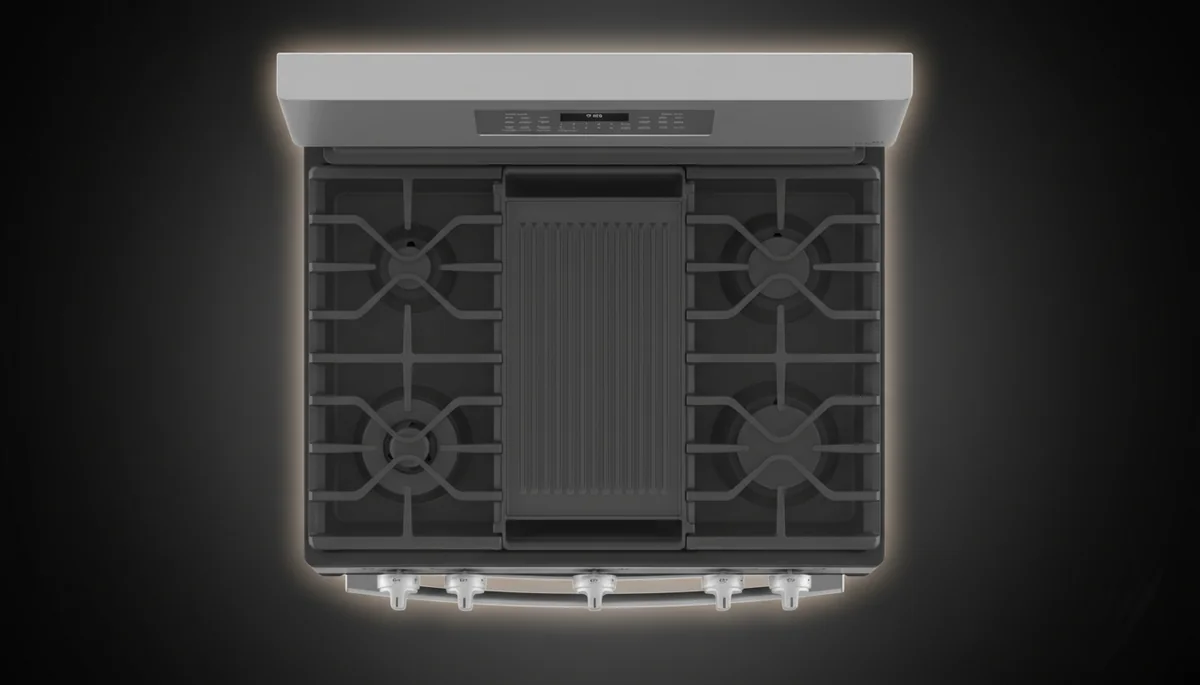 GE Profile gas range cooktop with reversible center griddle and four sealed gas burners