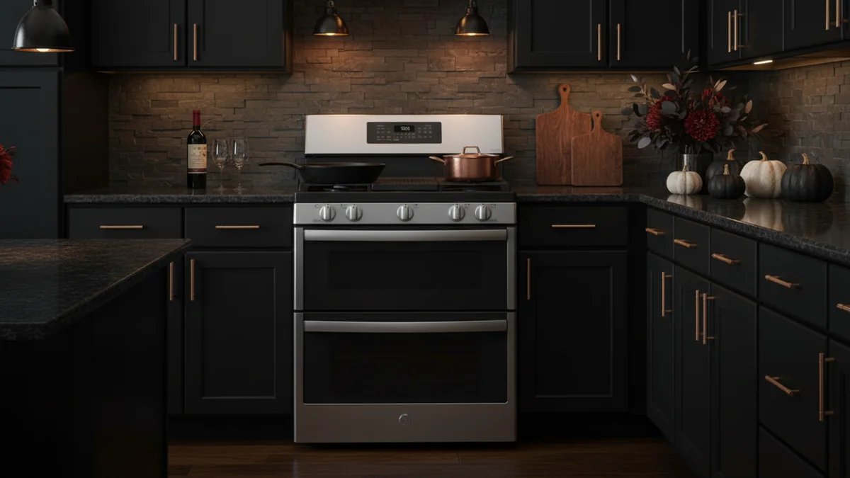 GE Profile double oven gas range installed in modern kitchen with dark cabinetry and brass accents