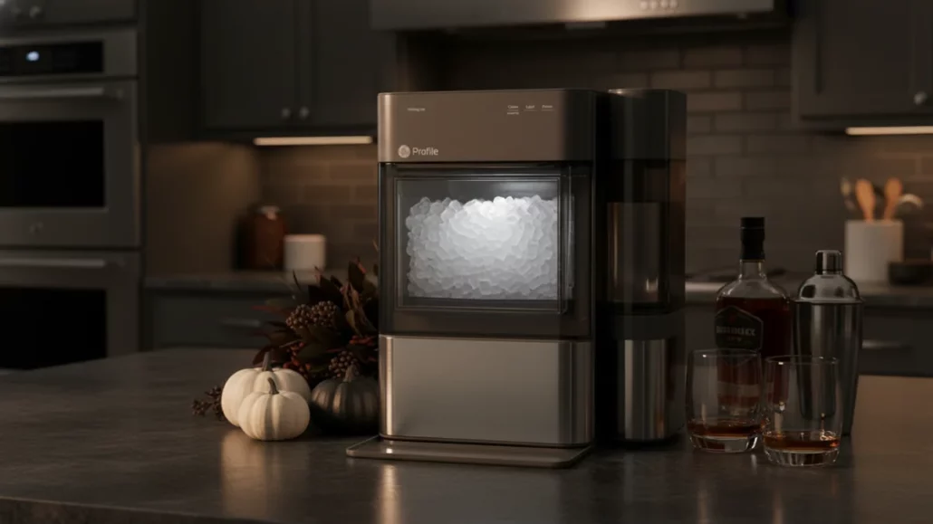GE Profile Opal ice maker positioned on modern kitchen countertop with lifestyle setting and premium appliances