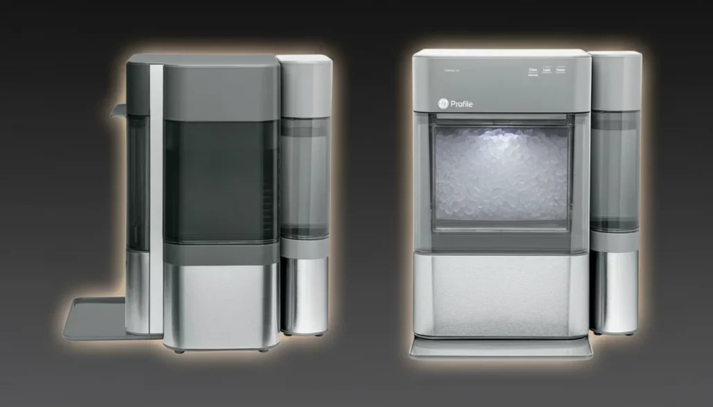 GE Profile Opal XPIO13SCSS nugget ice maker showing stainless steel design with side water tank and full ice bin