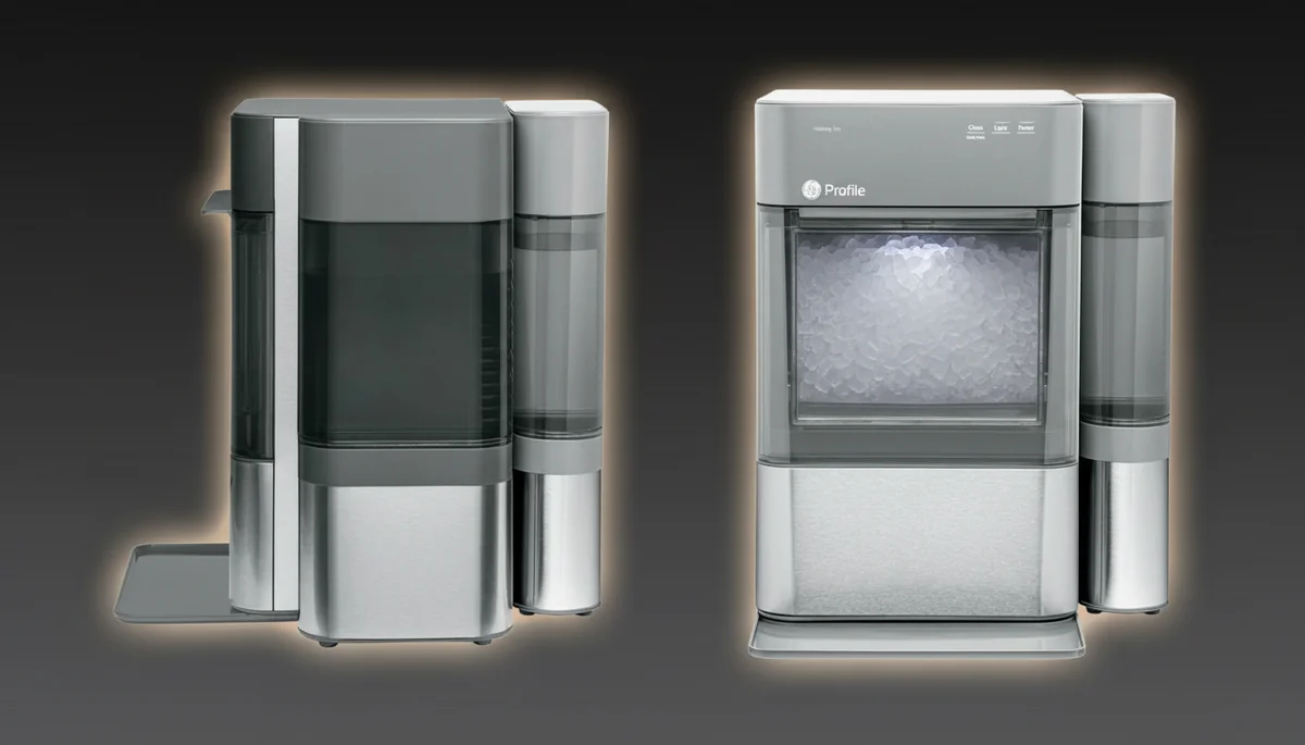 GE Profile Opal XPIO13SCSS nugget ice maker showing stainless steel design with side water tank and full ice bin