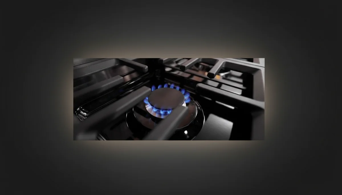 KitchenAid dual 20,000 BTU gas burners with blue flames demonstrating high-heat professional cooking power