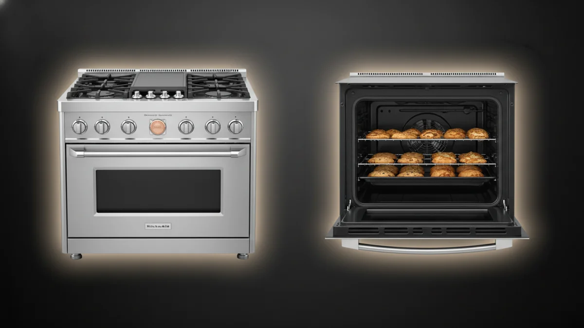 KitchenAid KFDC506JSS 36-inch pro-style dual fuel range showing stainless steel exterior and convection oven interior