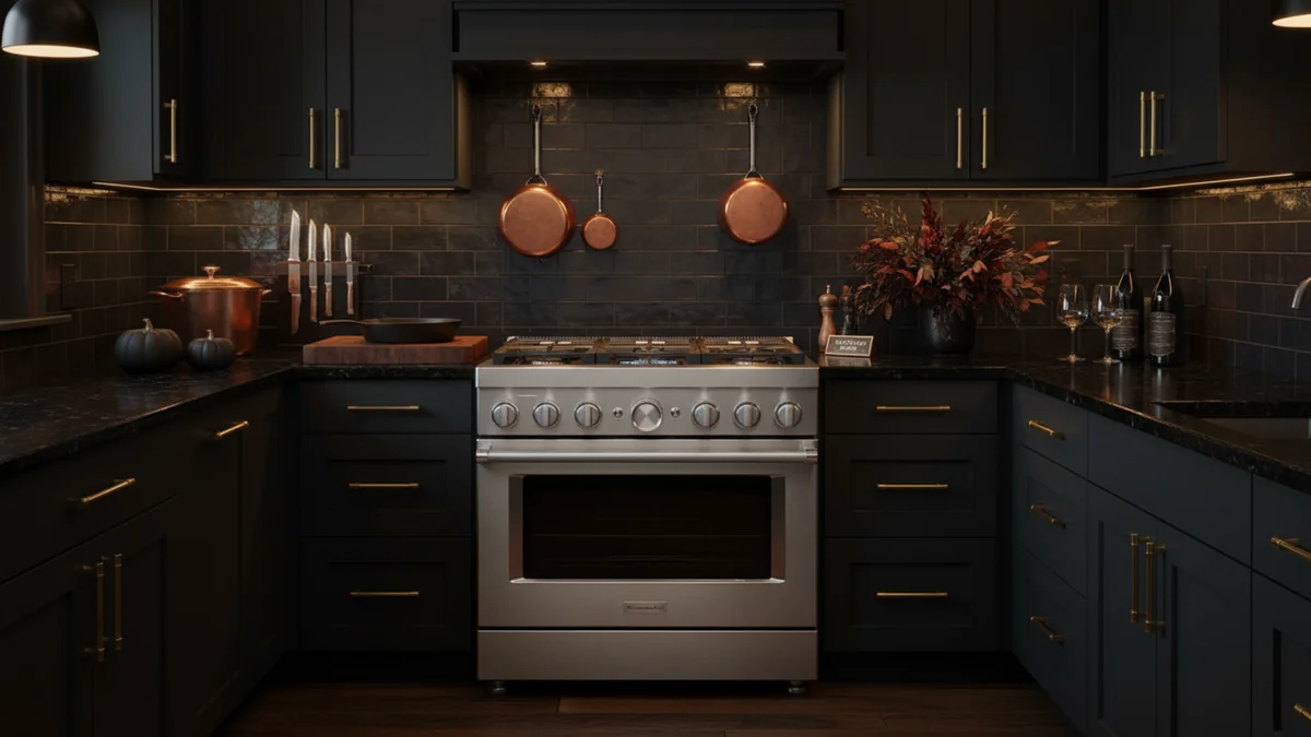 KitchenAid KFDC506JSS professional range installed in modern luxury kitchen with dark cabinetry and copper accents
