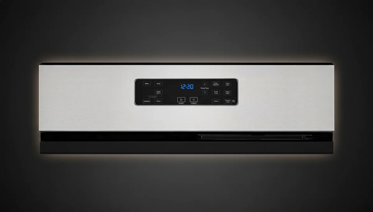 Whirlpool WFG320M0MS digital control panel with blue LED display showing cooking modes and timer functions
