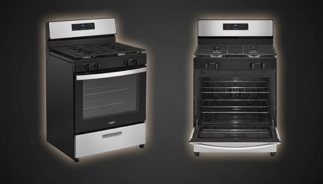 Whirlpool WFG320M0MS 30-inch gas range showing stainless steel exterior and spacious 5.1 cu ft oven interior