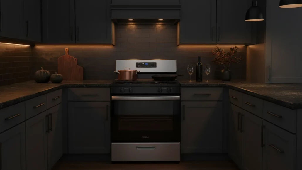 Whirlpool WFG320M0MS gas range installed in modern dark kitchen with ambient lighting and contemporary cabinetry