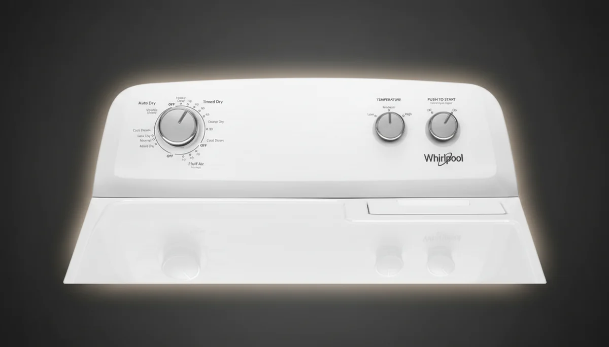 Whirlpool WGD4850HW control panel showing 12 cycle options with Auto Dry, Temperature, and Push to Start knobs