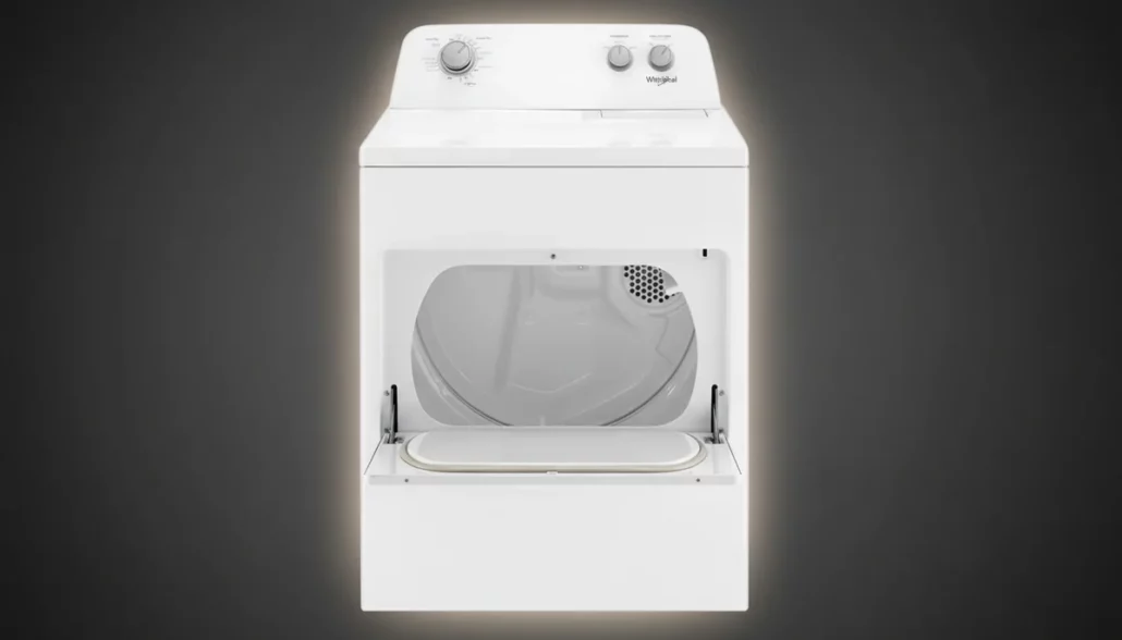 Whirlpool WGD4850HW dryer drum interior showing 7.0 cubic feet capacity and top-mounted lint trap