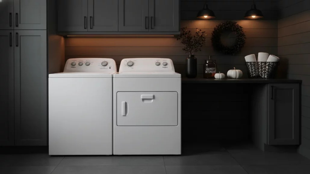 Whirlpool WGD4850HW white gas dryer and matching washer in modern dark laundry room