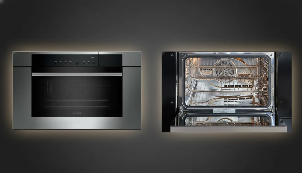 Wolf CSO30TM convection steam oven showing exterior controls and interior cavity with climate sensor technology