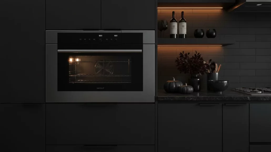 Wolf CSO30TM-S-TH 30-inch convection steam oven installed in dark modern luxury kitchen with warm accent lighting