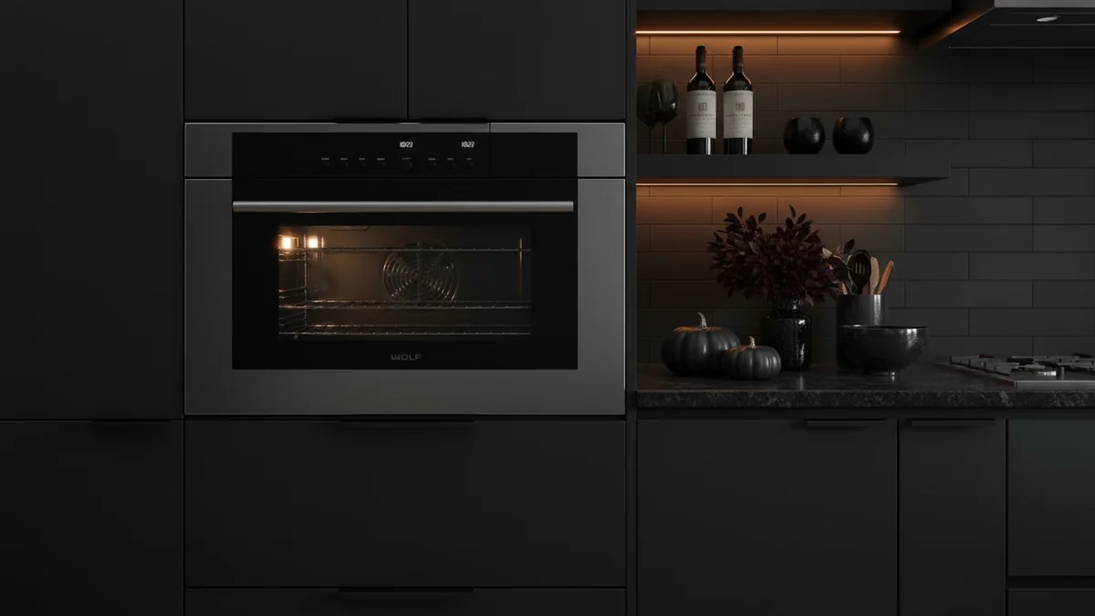 Wolf CSO30TM-S-TH 30-inch convection steam oven installed in dark modern luxury kitchen with warm accent lighting