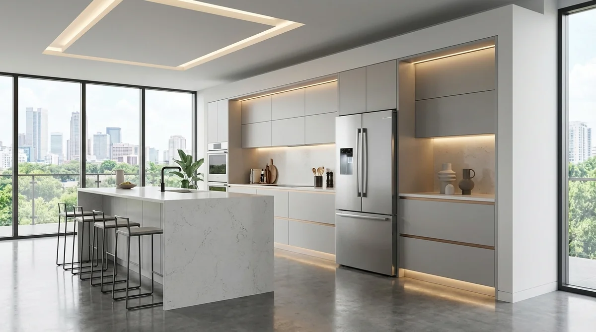 Bosch 100 Series 36-inch anti-fingerprint stainless steel French door refrigerator B36CD10ENS in urban penthouse kitchen