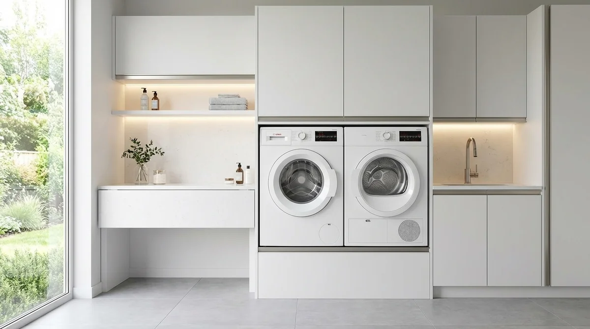 Bosch 300 Series 24-inch white front-load compact washer WGA14400UC in modern laundry room