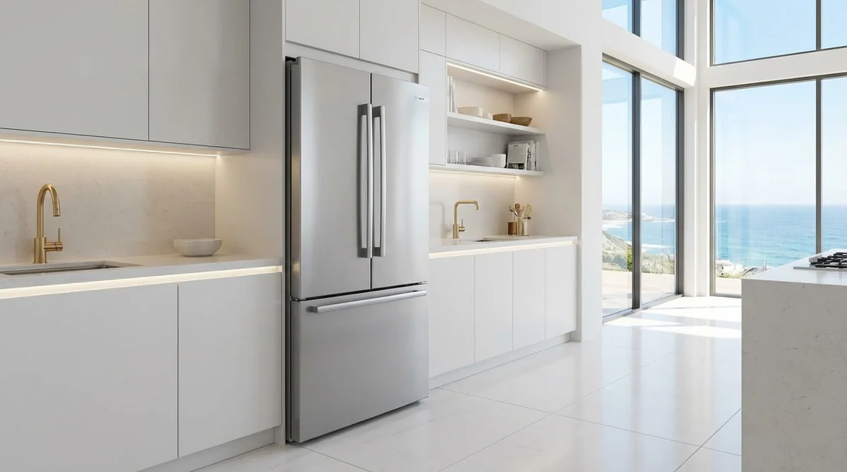Bosch 800 Series 36-inch stainless steel French door refrigerator B36CT80SNS in luxury coastal kitchen