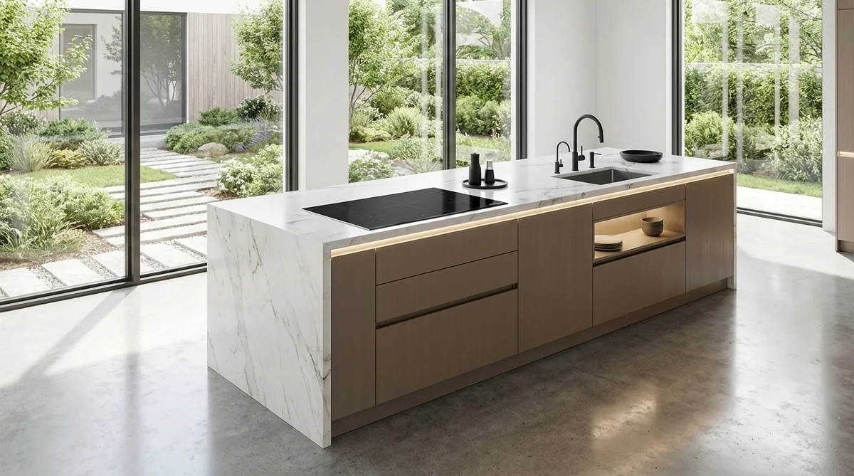 Bosch 800 Series 36-inch black induction cooktop NIT8661UC in modern minimalist kitchen island