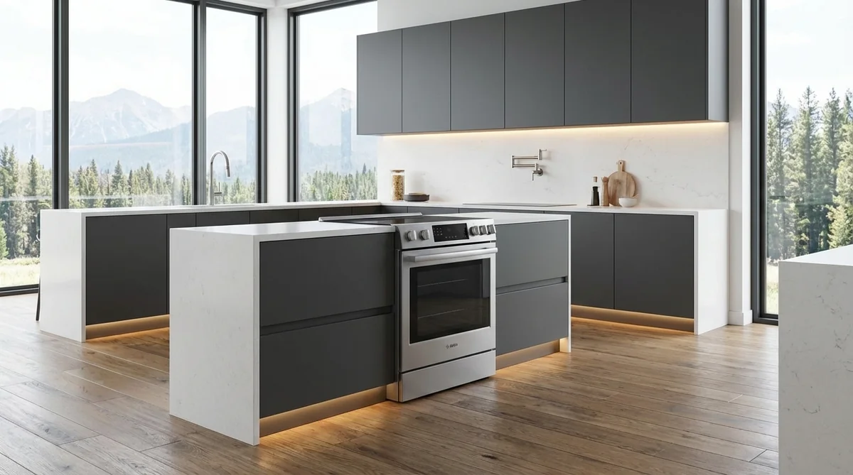 Bosch 800 Series 30-inch stainless steel pro-style induction range HIS8055U in modern mountain-view kitchen