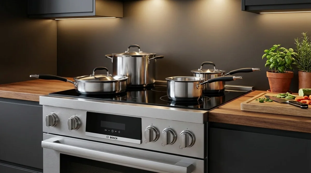 Bosch induction cooktop with Nutri-Stahl stainless steel cookware set in modern kitchen