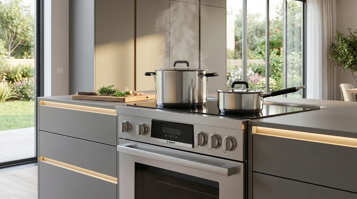 Chef cooking with Nutri-Stahl stainless steel pots on Bosch induction cooktop in contemporary kitchen