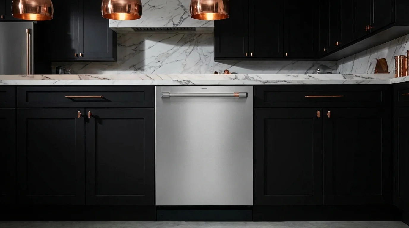 Cafe CDT828P2VS1 designer dishwasher with copper hardware in luxury black kitchen