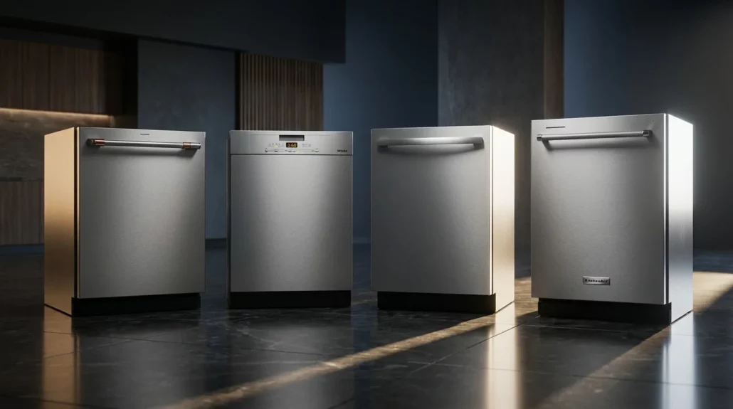 Premium dishwasher brands on sale including Miele, KitchenAid, Bosch, and Cafe in professional showroom display