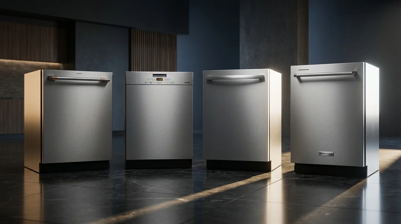 Premium dishwasher brands on sale including Miele, KitchenAid, Bosch, and Cafe in professional showroom display